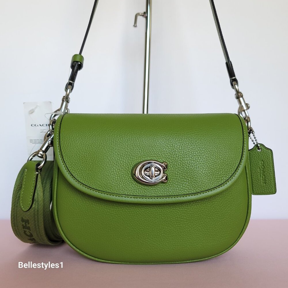 COACH Willow Saddle Pebbled Leather Saddle Crossbody Bag- Dark Lime color ⭐ - Picture 6 of 16
